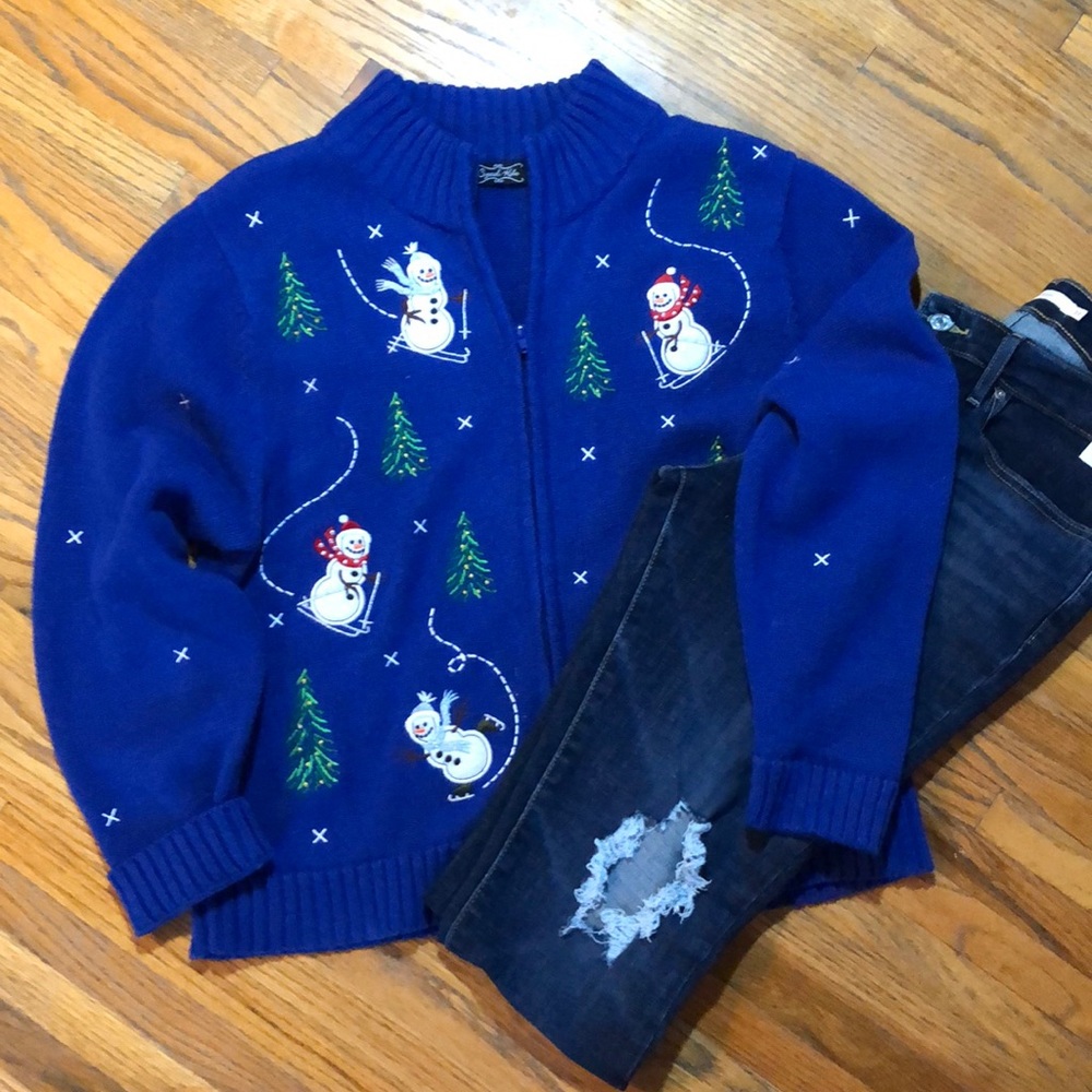 Vtg Christmas ugly sweater, snowman Xmas blue